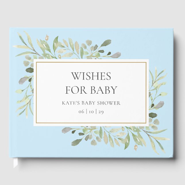 Livre D'or Vœux pour bébé verdure aquarelle bleu douche (Recto)