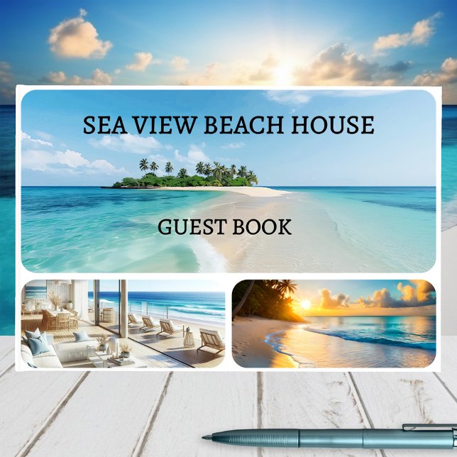 Livre D'or Votre collection photo personnalisée Maison de pla (Guest book with custom photos in a 3 photo grid on the front and 4 photos on the back - beach house)