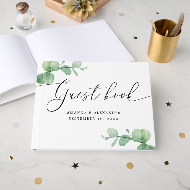 Livre D'or Watercolor Eucalyptus Wedding | Elegant Script (Recto ouvert)