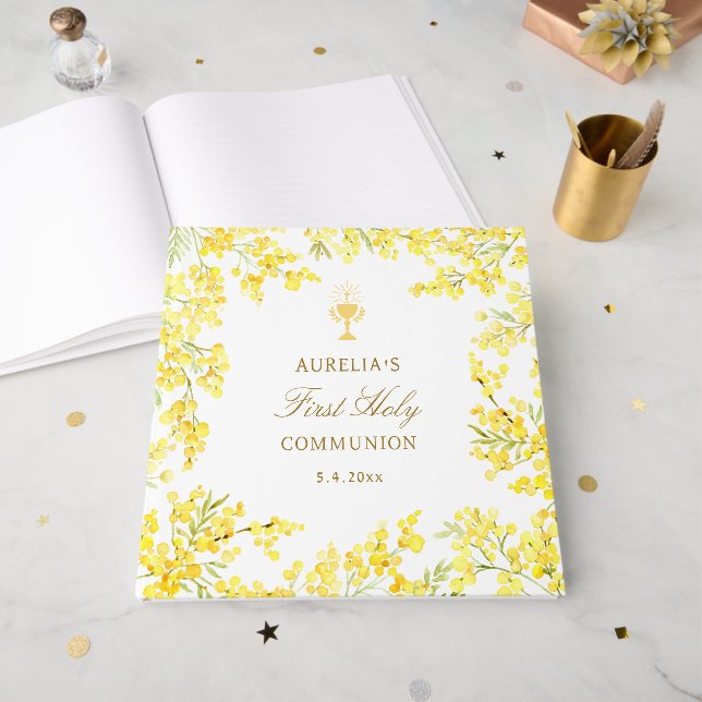 Livre D'or Watercolor Mimosa First Communion Guest Book (Recto ouvert)