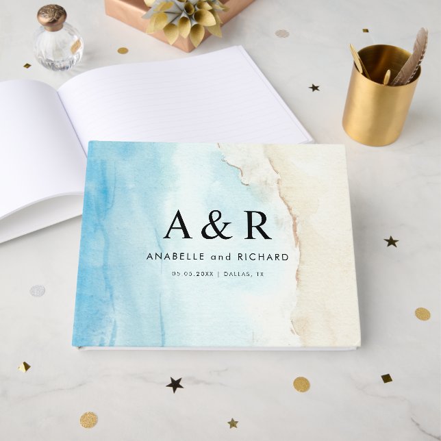 Livre D'or Watercolor Sand Beach Tropical Destination Mariage (Recto ouvert)