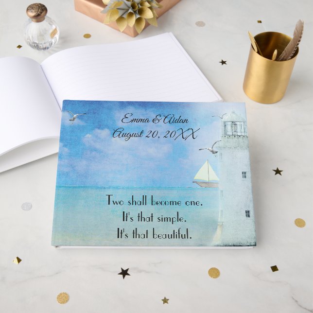 Livre D'or Wedding Watercolor Lighthouse With Seagulls (Recto ouvert)