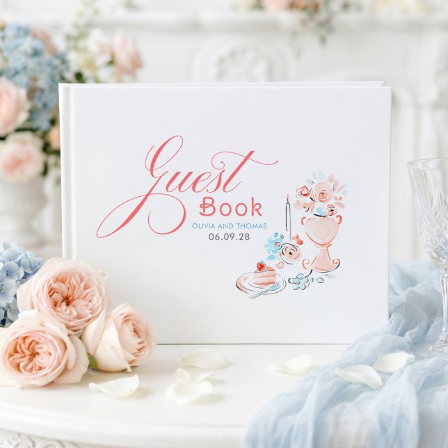 Livre D'or Whimsical Funky Floral Quirky Hand Drawn Wedding (Dusty Blue and Pink Whimsical Wedding Guest Book)