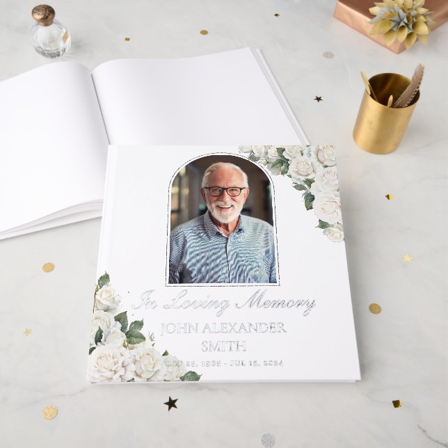 Livre D'or White Roses Floral Memorial Funérailles Photo Arge (Recto ouvert)
