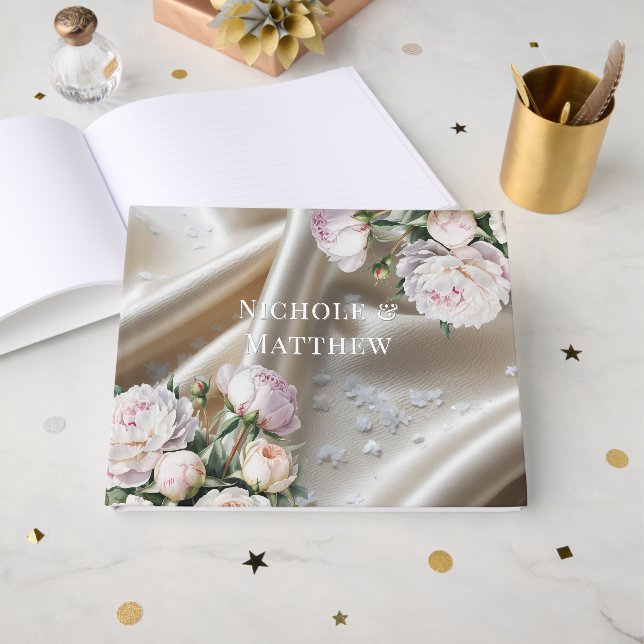 Livre D'or White Satin with Roses and Peony Wedding (Recto ouvert)