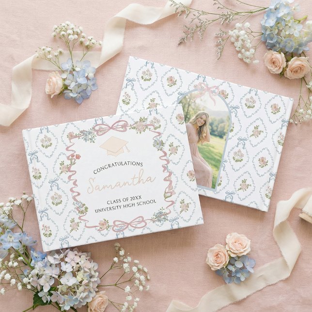 Livre D'or Wildflower Pink Bow Graduation Party  (Créateur téléchargé)