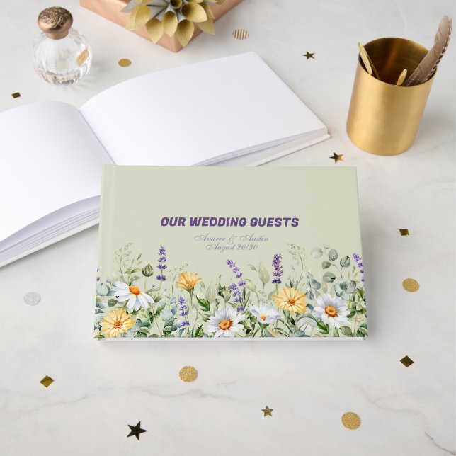 Livre D'or Wildflowers Border Yellow White Purple Wedding (Recto ouvert)