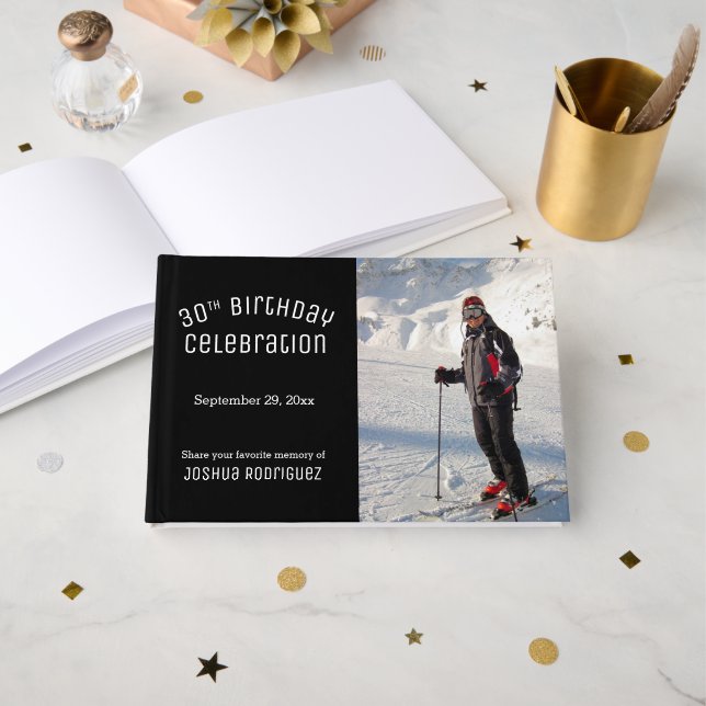 Livre D'or Your Photo Modern Black White 30th Birthday Party (Recto ouvert)