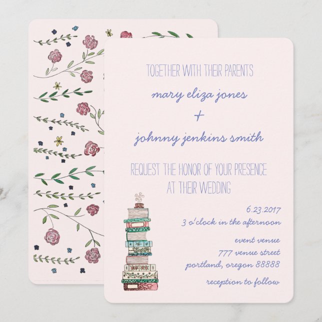 Livres & Blossoms Invitations de mariage (Devant / Derrière)