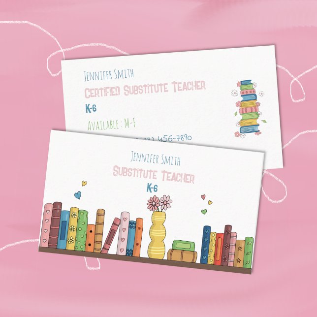 Livres d'aquarelle Substituer Carte de visite ense (Watercolor books elementary school substitute teacher white double-sided business cards .)