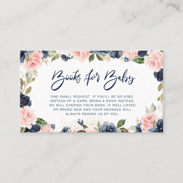Livres floraux Navy & blush pour carte bébé (Devant)