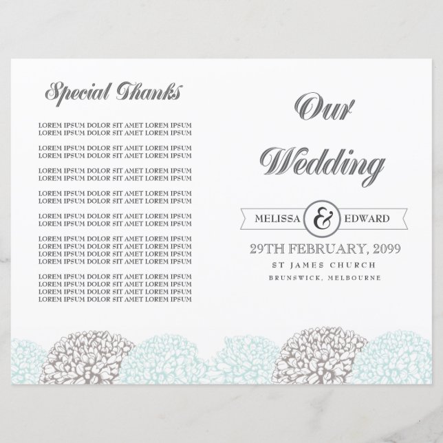 Livret du programme de mariage vintage Aqua Flower (Devant)