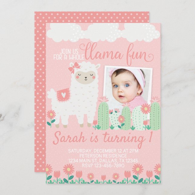 Llama Alpaca Anniversaire Fête Invitation Invitati (Devant / Derrière)