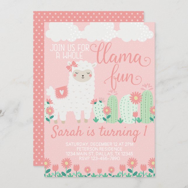 Llama Alpaca Anniversaire Fête Invitation Invitati (Devant / Derrière)