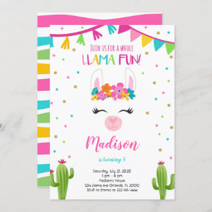 Llama Amusant Avec Cactus Invitation Anniversaire