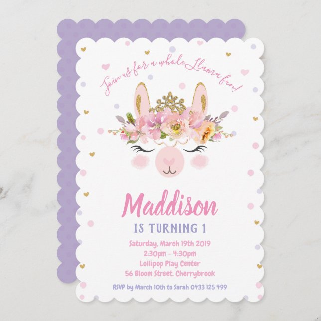 Llama Amusants Invitations Anniversaire Filles Alp (Devant / Derrière)