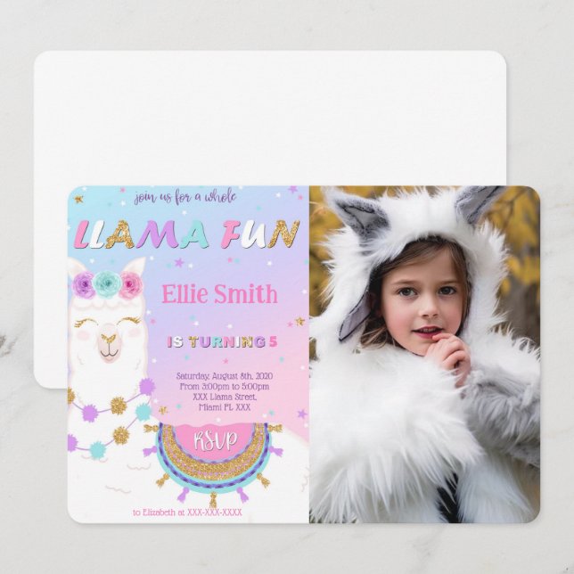 Llama Anniversaire Photo Invitation (Devant / Derrière)