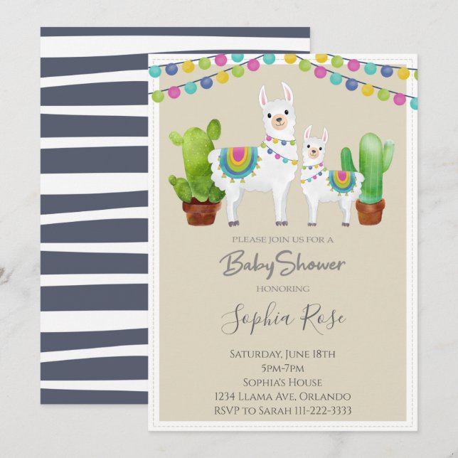 Llama avec Baby shower Cactus Invitation (Devant / Derrière)