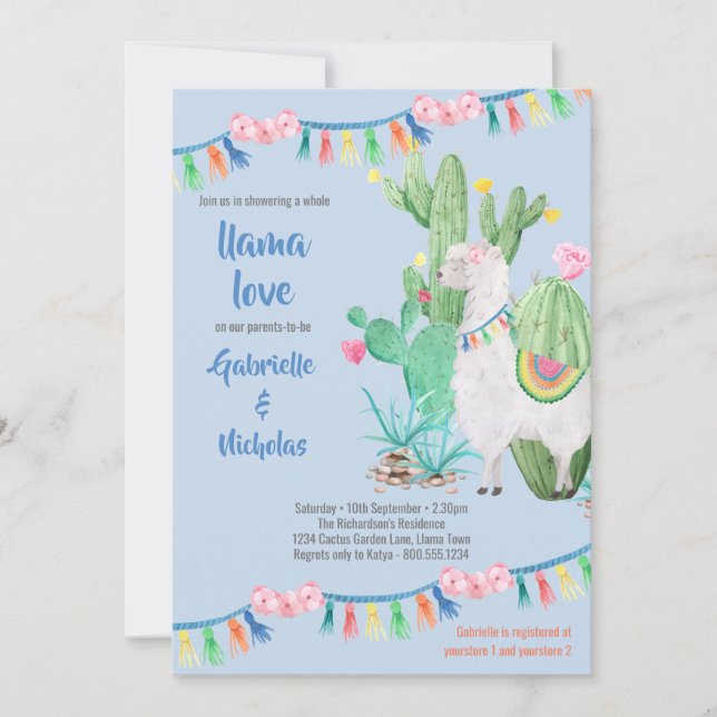Llama Baby shower Blue Llama Love Invitation (Devant)