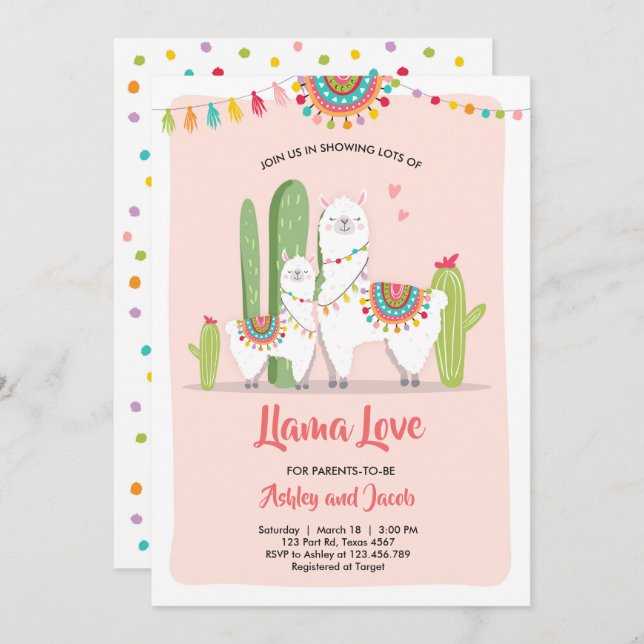 Llama baby shower invitation Llama Love Fiesta (Devant / Derrière)