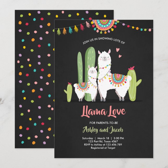 Llama baby shower invitation Llama Love Fiesta (Devant / Derrière)