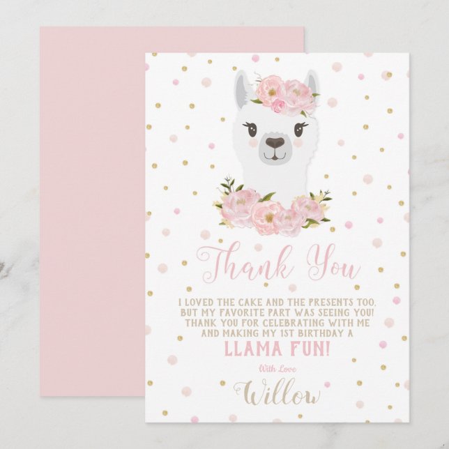 Llama Birthday Carte de remerciements Blush Floral (Devant / Derrière)