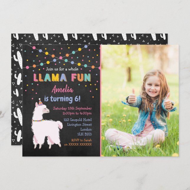 Llama Chalk Anniversaire Fête Photo Invitation (Devant / Derrière)