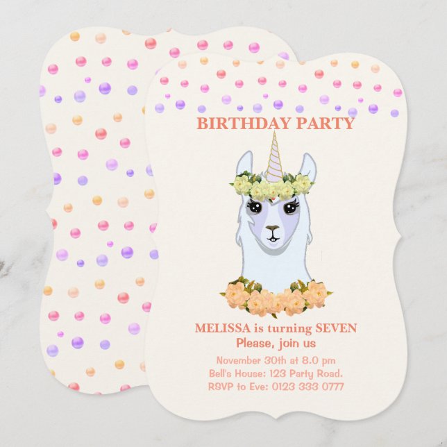 Llama-corn 7e anniversaire de fête Invitation (Devant / Derrière)