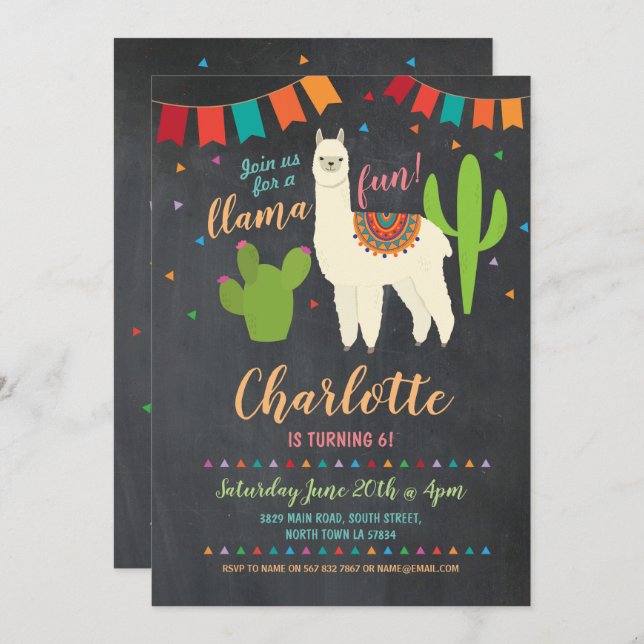 Llama fête d'anniversaire Cactus Fun Invitation fi (Devant / Derrière)