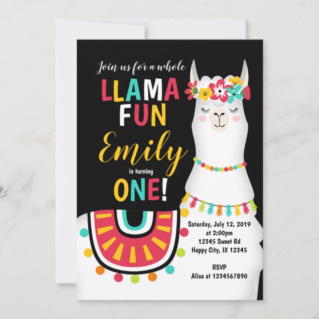 Llama fille invitation premier anniversaire (Devant)