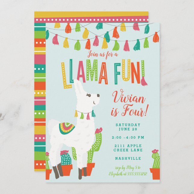 Llama Fun Anniversaire Invitation Alpaca Blue (Devant / Derrière)