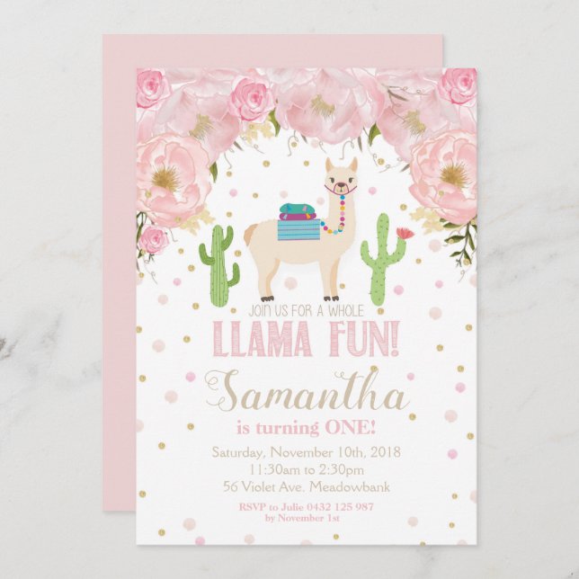 Llama Invitation anniversaire Blush Floral Girl (Devant / Derrière)