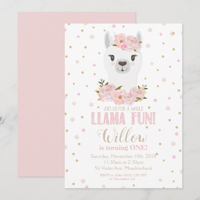 Llama Invitation anniversaire Blush Floral Girl (Devant / Derrière)