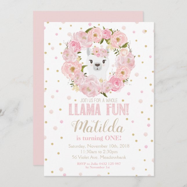 Llama Invitation anniversaire Blush Floral Girl (Devant / Derrière)