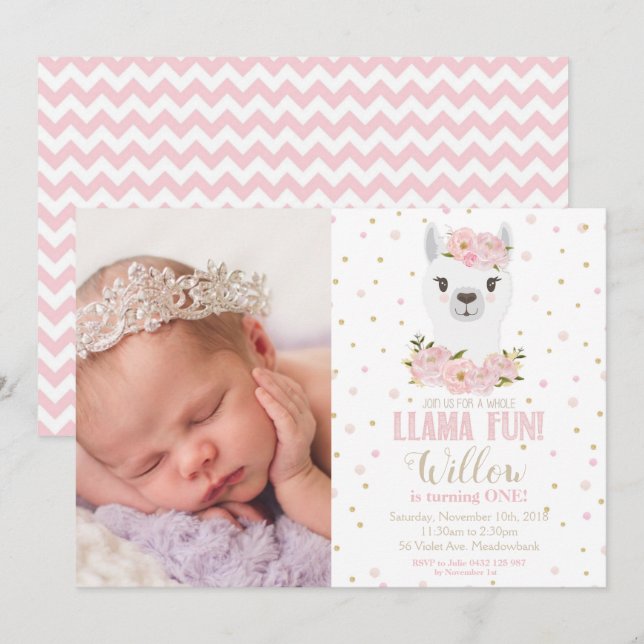 Llama Invitation Anniversaire Blush Floral Girl Ph (Devant / Derrière)