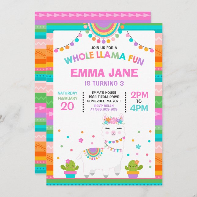 Llama Invitation Anniversaire Toute la Llama Fun P (Devant / Derrière)