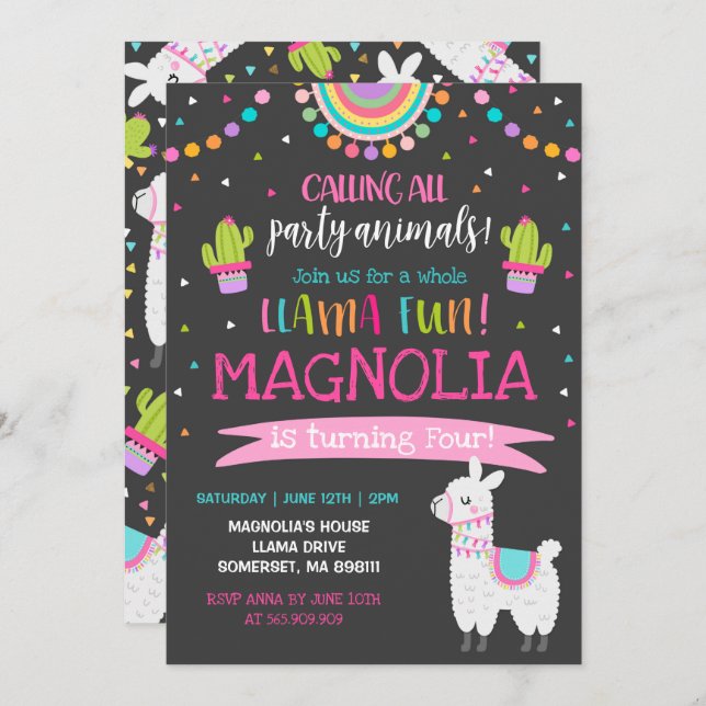 Llama Invitation Anniversaire Toute la Llama Fun P (Devant / Derrière)