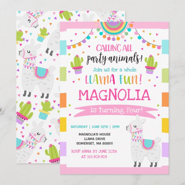 Llama Invitation Anniversaire Toute la Llama Fun P (Devant / Derrière)