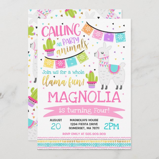 Llama Invitation Anniversaire Toute la Llama Fun P (Devant / Derrière)