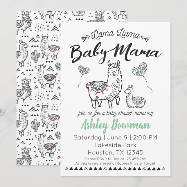 Llama Mama Baby shower Invitation (Devant / Derrière)