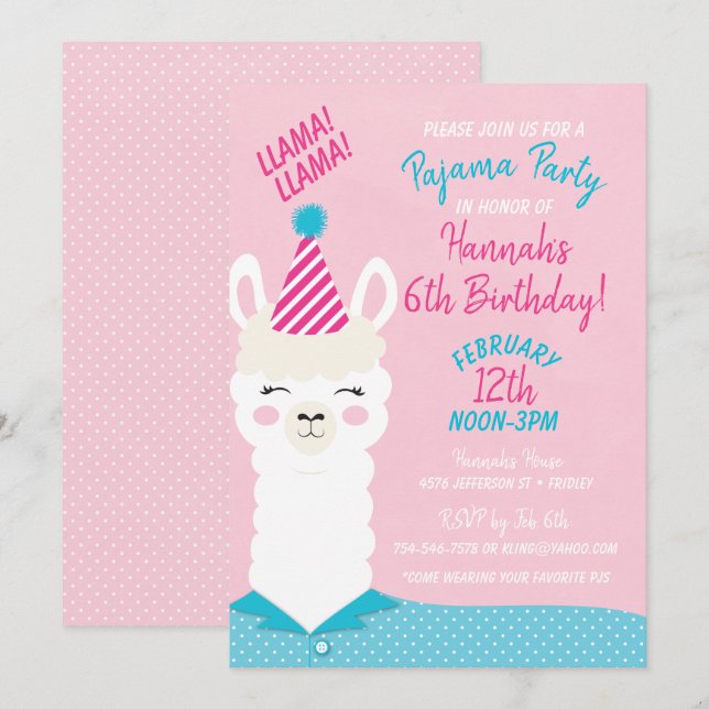 Llama Pajama Party Invitation d'anniversaire (Devant / Derrière)
