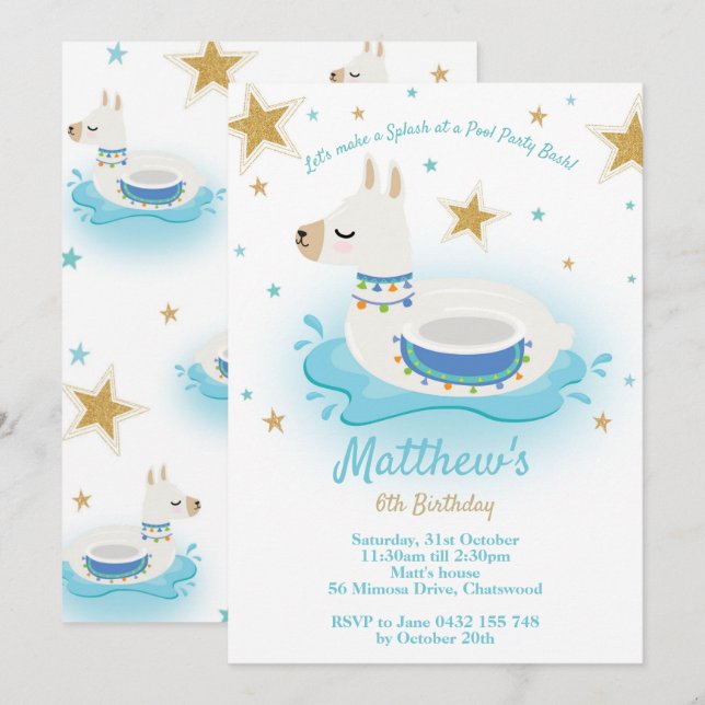 Llama Pool Party Anniversaire Invitation Garçons (Devant / Derrière)