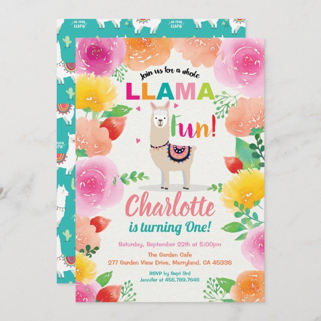 Llama s'amuse première invitation à 1er anniversai (Devant / Derrière)