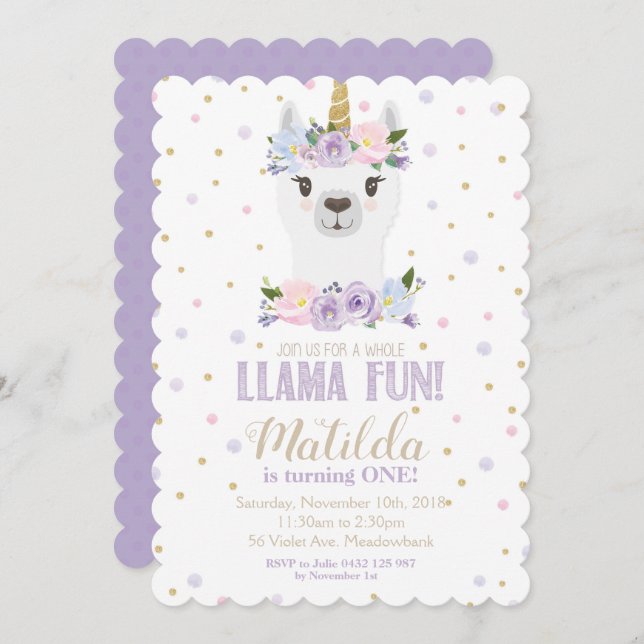 Llama Unicorn Anniversaire Invitation Florale viol (Devant / Derrière)
