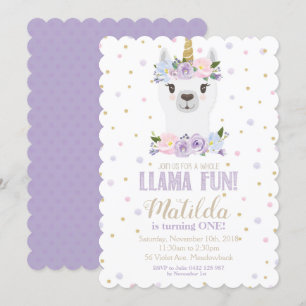 Llama Unicorn Anniversaire Invitation Florale viol