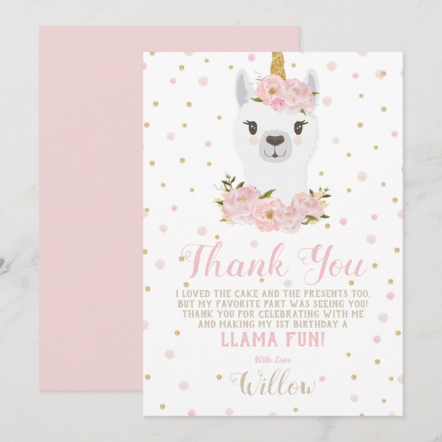 Llama Unicorn Carte de remerciements Blush Floral  (Devant / Derrière)