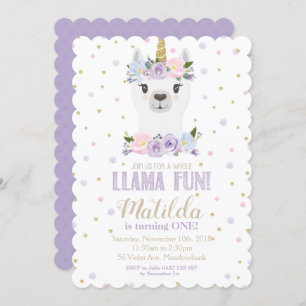 Llama Unicorn Invitation Anniversaire Floral Viole