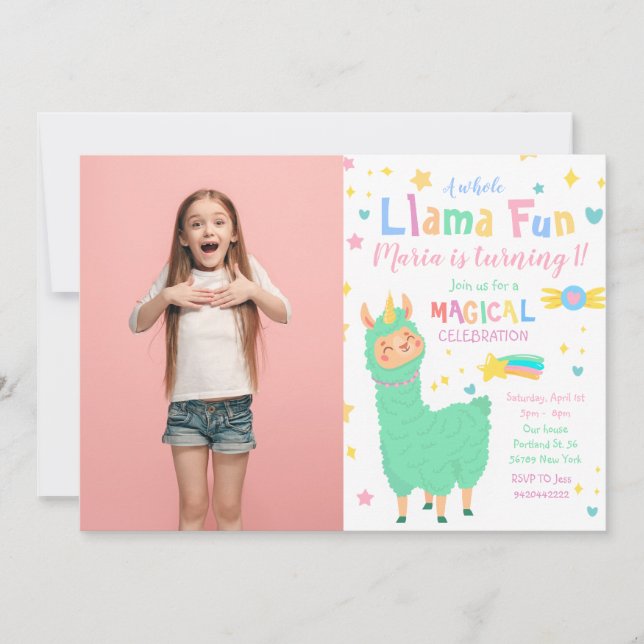 Llamacorn Photo Llama Invitation Anniversaire (Devant)