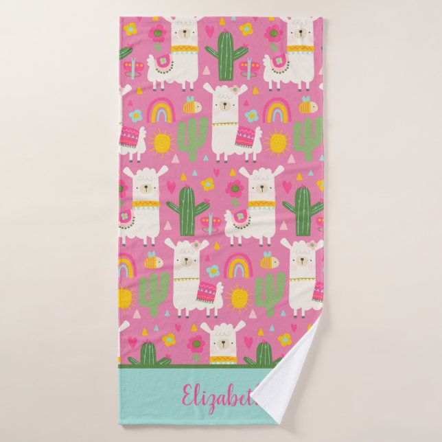 Llamas Monogrammes Arc-en-Ciel Cactus Vert Rose Fé (Serviette de bain)