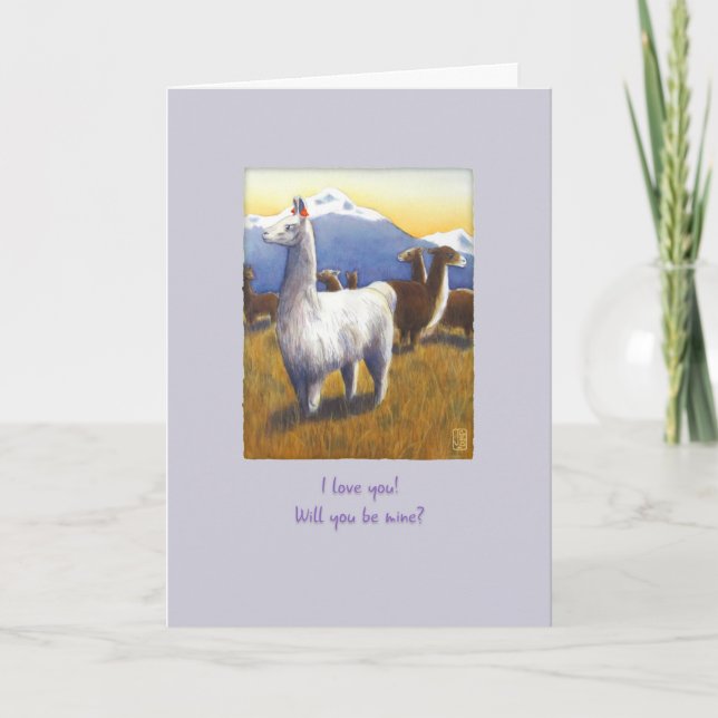 Llamas sur carte de la Saint-Valentin mauve clair (Devant)